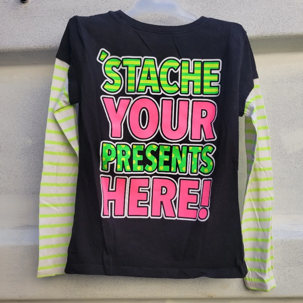 Justice mustache Christmas tree presents top shirt 6 glitter